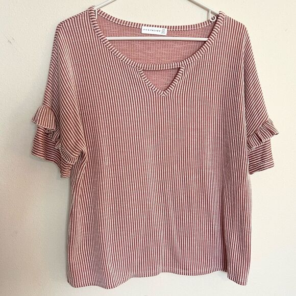 Retrology Soft Pink Stripe Ruffle Short Sleeve Top Tee T-Shirt Cutout V-Neck - Picture 1 of 5